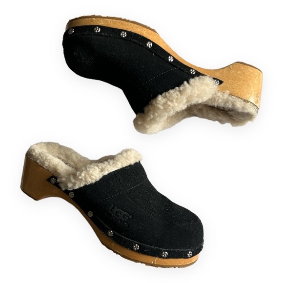 UGG Australia Black‎ Kalie Suede Shearling Lined Studded Clog Mules Slides - Picture 2 of 9